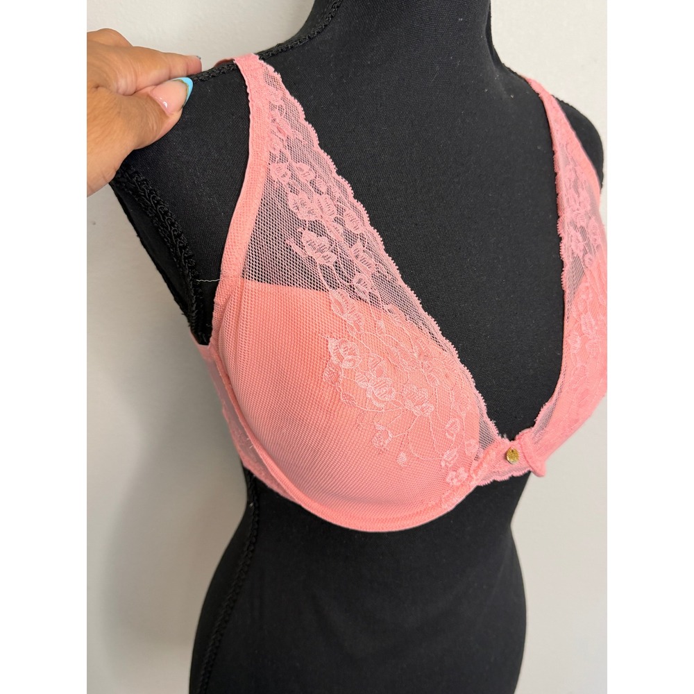 Natori Feathers Underwire Contour Bra Coral Pink Lace Plunge 730023 34DD - Picture 3 of 7